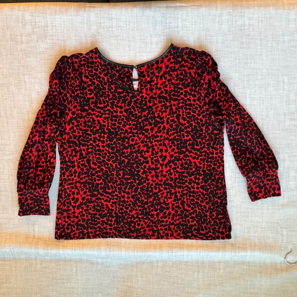 Cleo Petites Red & Black Animal Print Top XL w/ Faux Leather Trim Long Sleeve - Picture 8 of 13